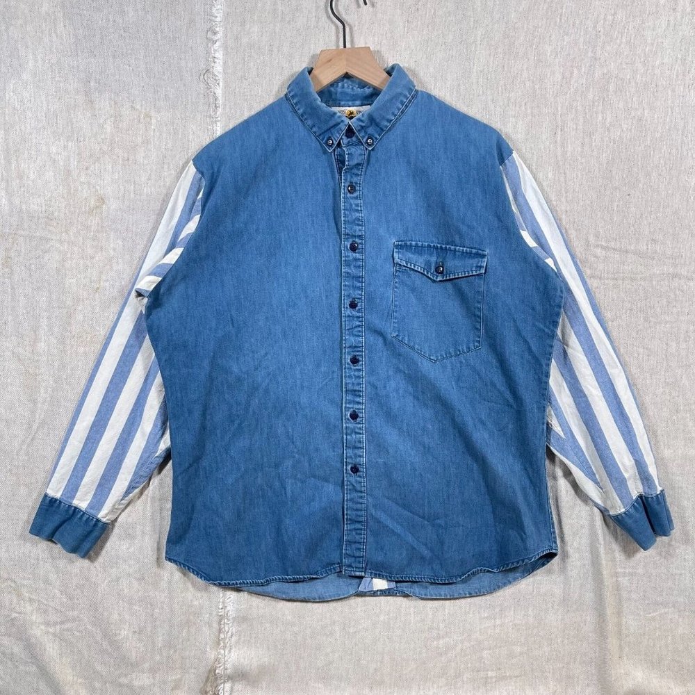 Vtg 80s Dakota Sunset Men Shirt Striped Denim Sz L USA Made Western Button Down